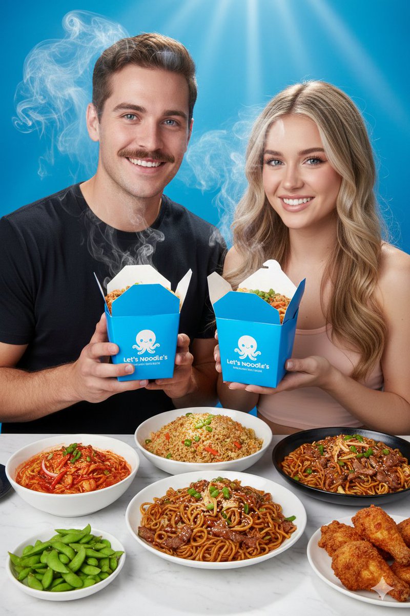 AI Prompt for Ultra-Vibrant Food Photography of Couples with Asian Noodle Boxes