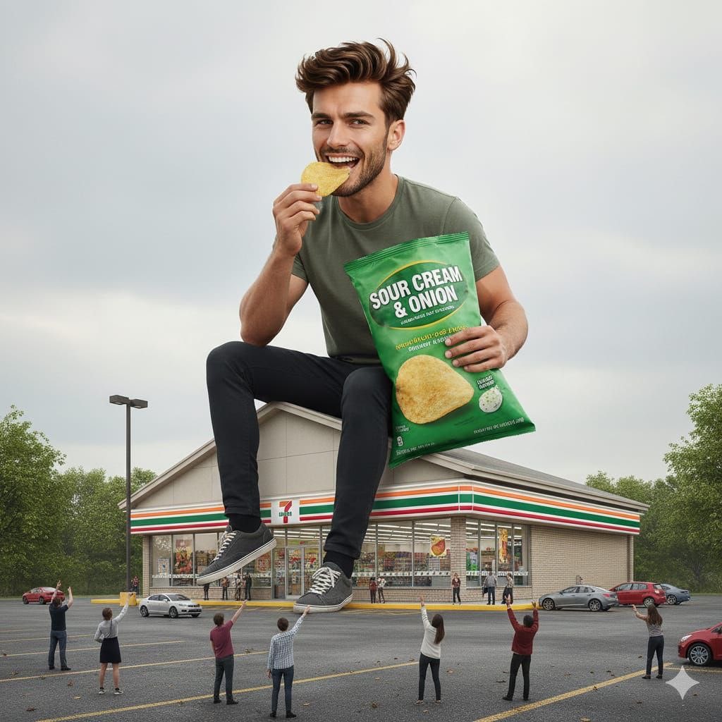 AI Prompt for Ultrarealistic Surreal Advertising Image with Giant Man Eating Cheeseburger