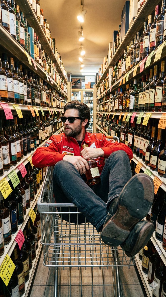 AI Prompt for Unfiltered Smartphone Photo of Man in Shopping Cart