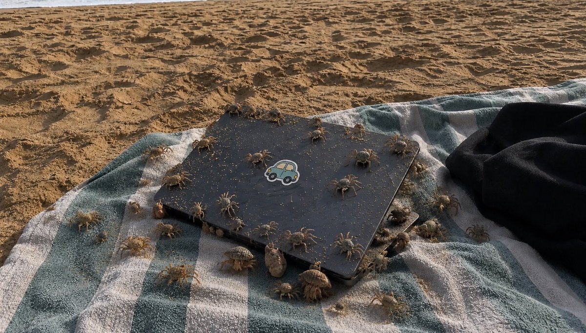AI Prompt for Unrealistic Beach Scene with Crabs and a Laptop