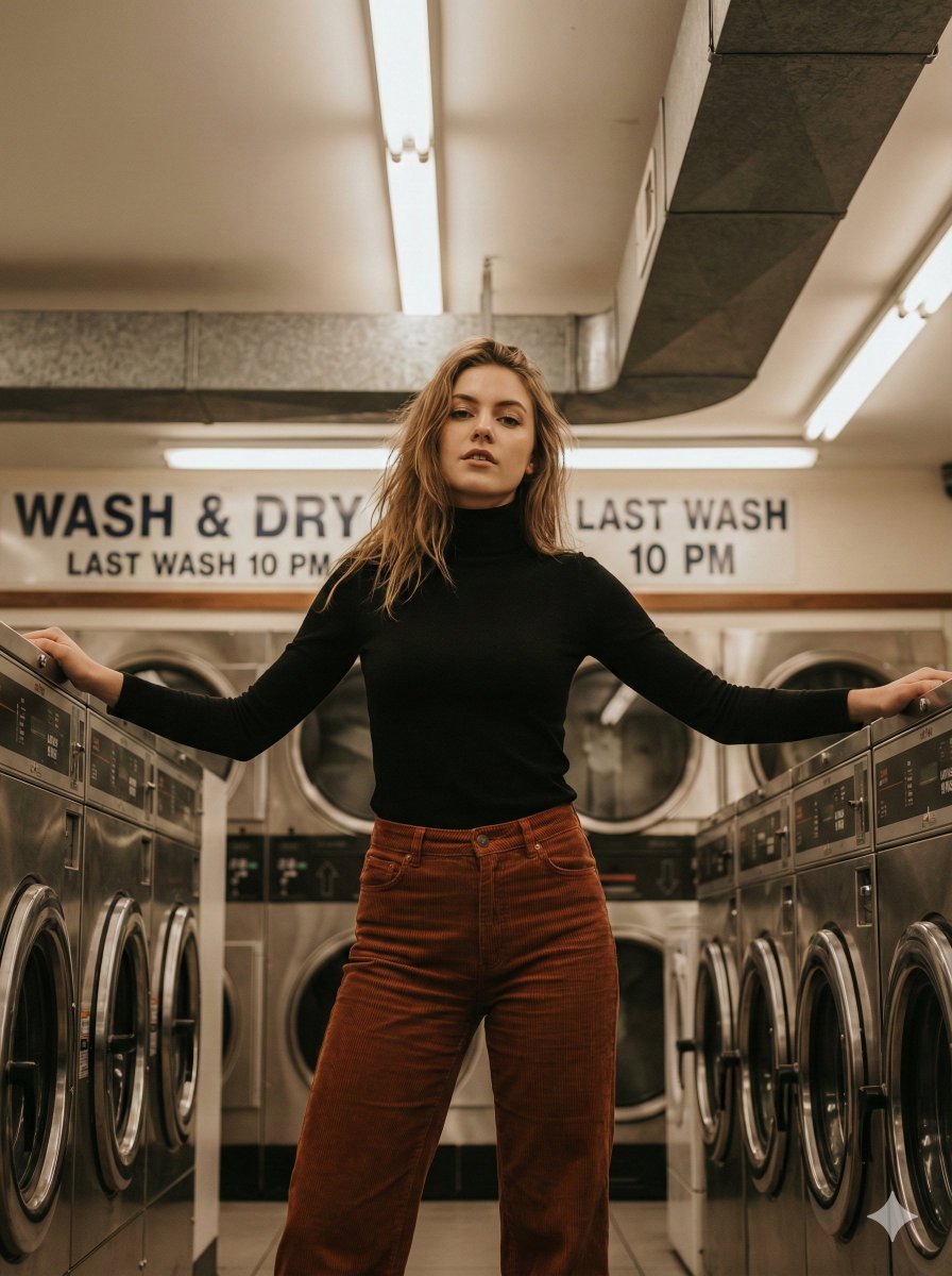 AI Prompt for Urban Lifestyle Portrait Photography in Laundromat Setting