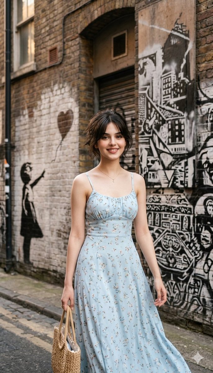 AI Prompt for Urban Street Portrait with Graffiti Style - Young Woman in Summer Dress