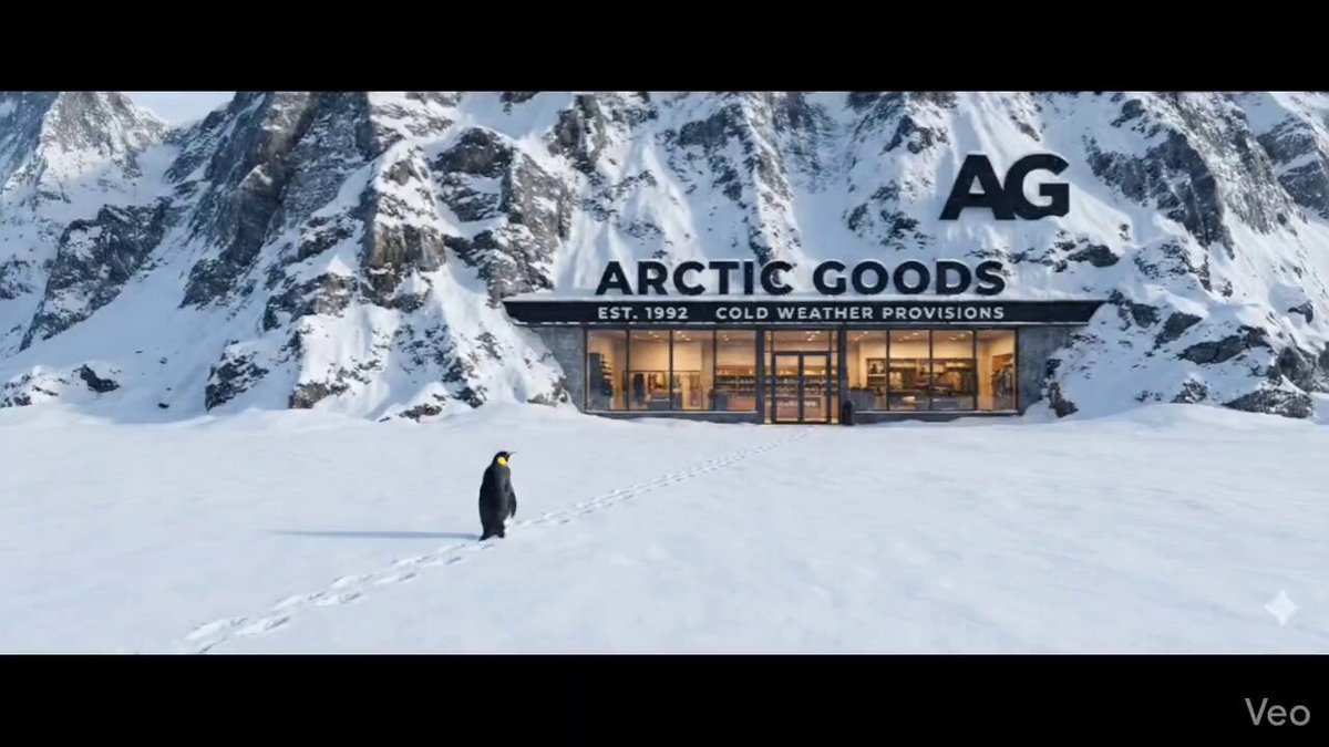 AI Prompt for Video Generation: Embedded Retail Store in Frosty Mountain with Penguin
