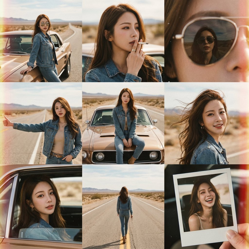 AI Prompt for Vintage 70s Desert Highway Photo Collage with Vintage Car - Kodak Portra 400 Emulation