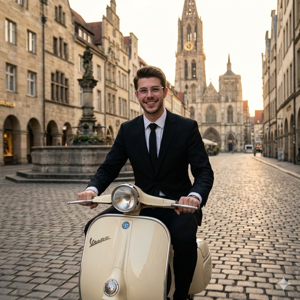AI Prompt for Vintage European Cityscape with Elegant Male Figure on Vintage Scooter