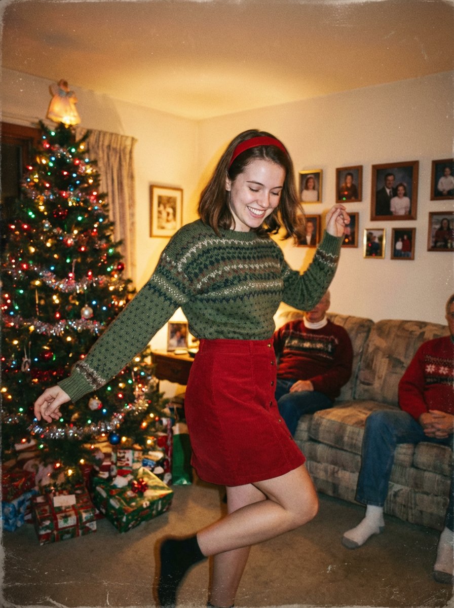 AI Prompt for Vintage Holiday Scene Photography with Woman Dancing in Festive Attire