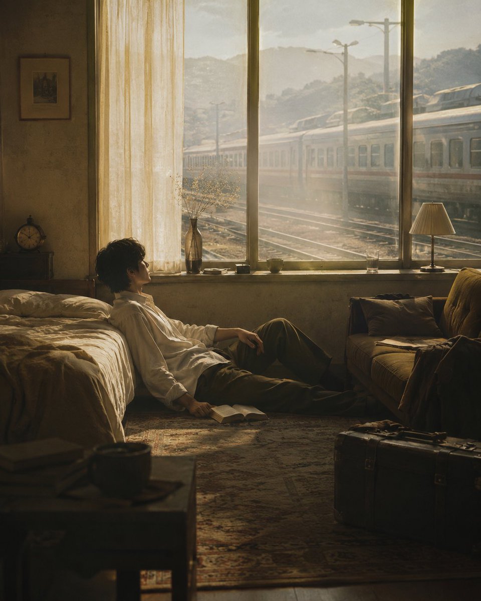 AI Prompt for Vintage Train Hotel Room Scene with Cinematic Lighting