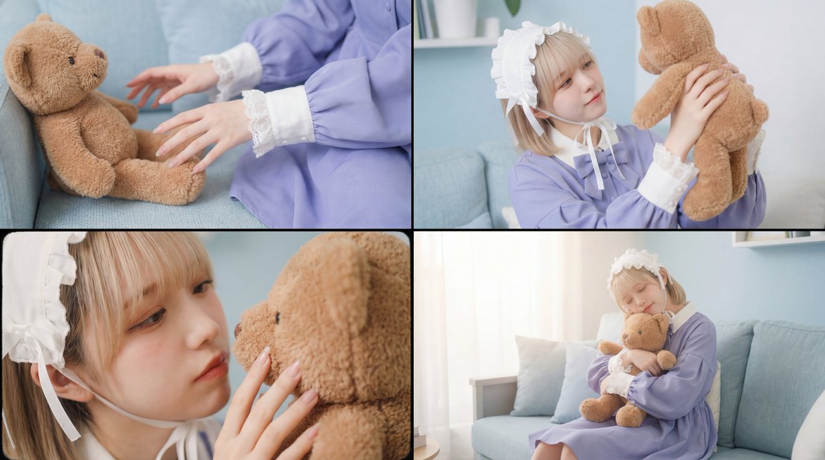 AI Prompt for Warm and Nostalgic Cinematic Video of a Woman with a Teddy Bear