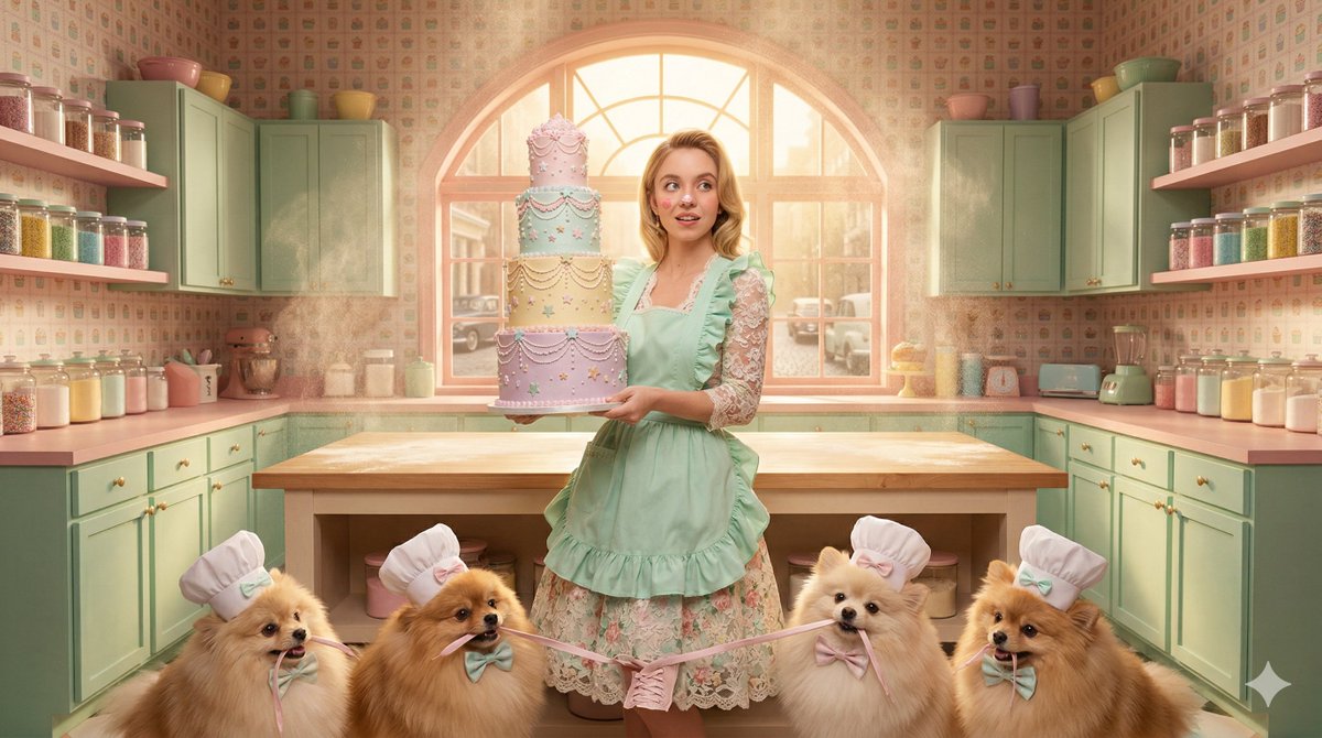 AI Prompt for Wes Anderson-Inspired Sydney Sweeney Pastry Chef - Gourmet Illustration