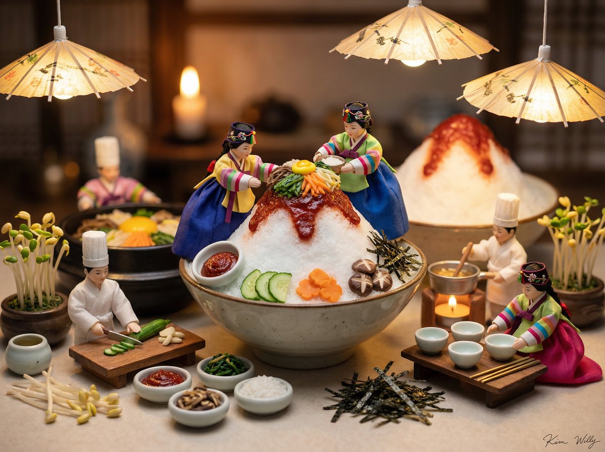 AI Prompt for Whimsical Miniature Diorama Photography - Joseon Dynasty Chefs Making Bibimbap