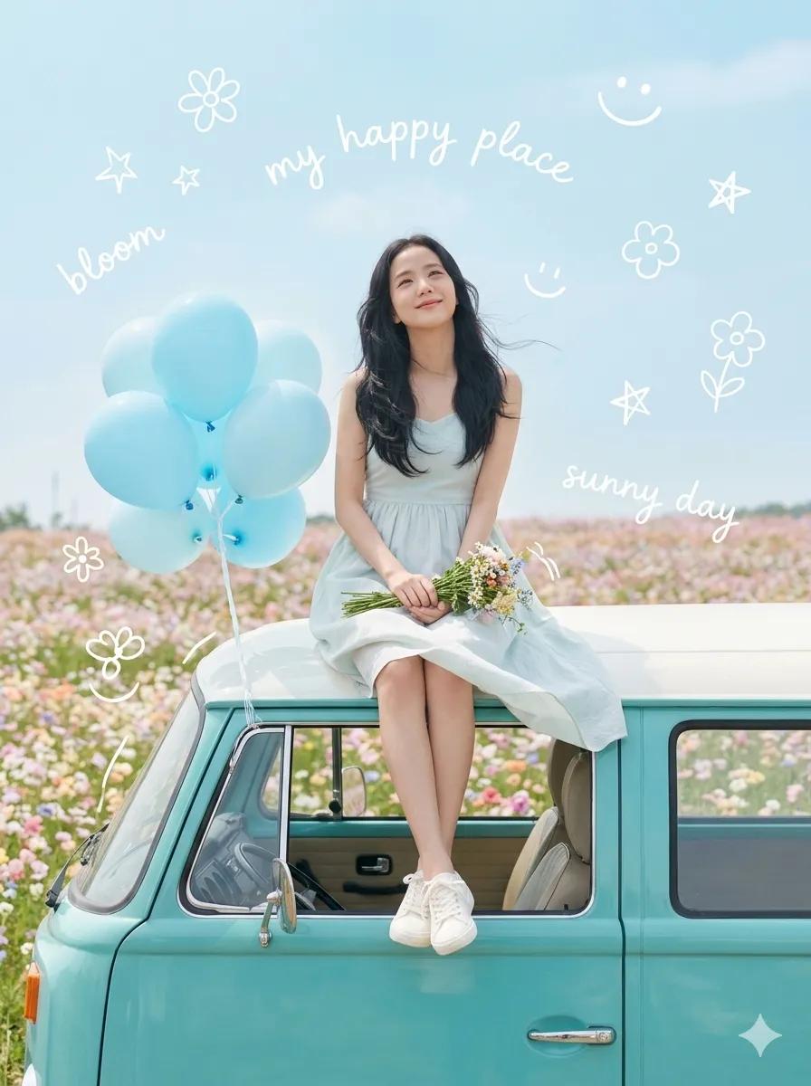 AI Prompt for Whimsical Pastel Lifestyle Photo of Vintage Van and Wildflowers