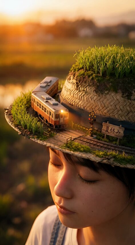 AI Prompt for Whimsical Summer Train Scene on Straw Hat