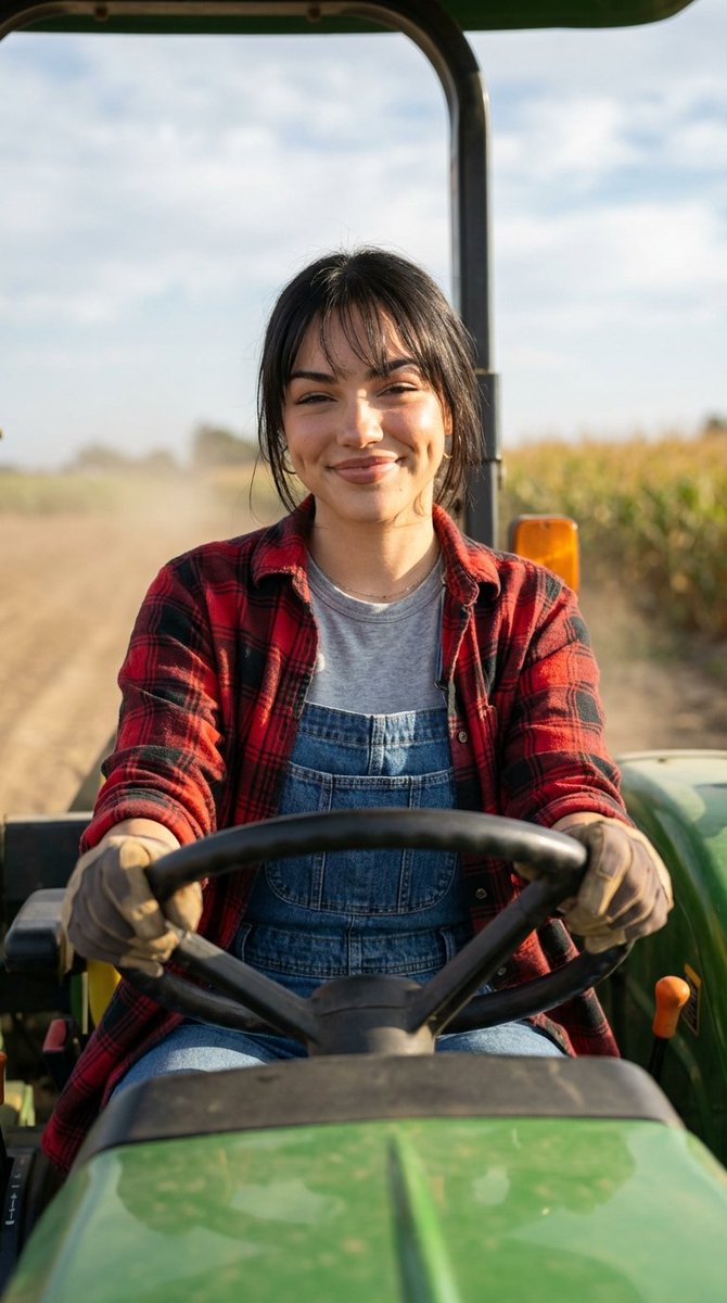 AI Prompt for Young Woman Driving Tractor with Photorealistic Portrait