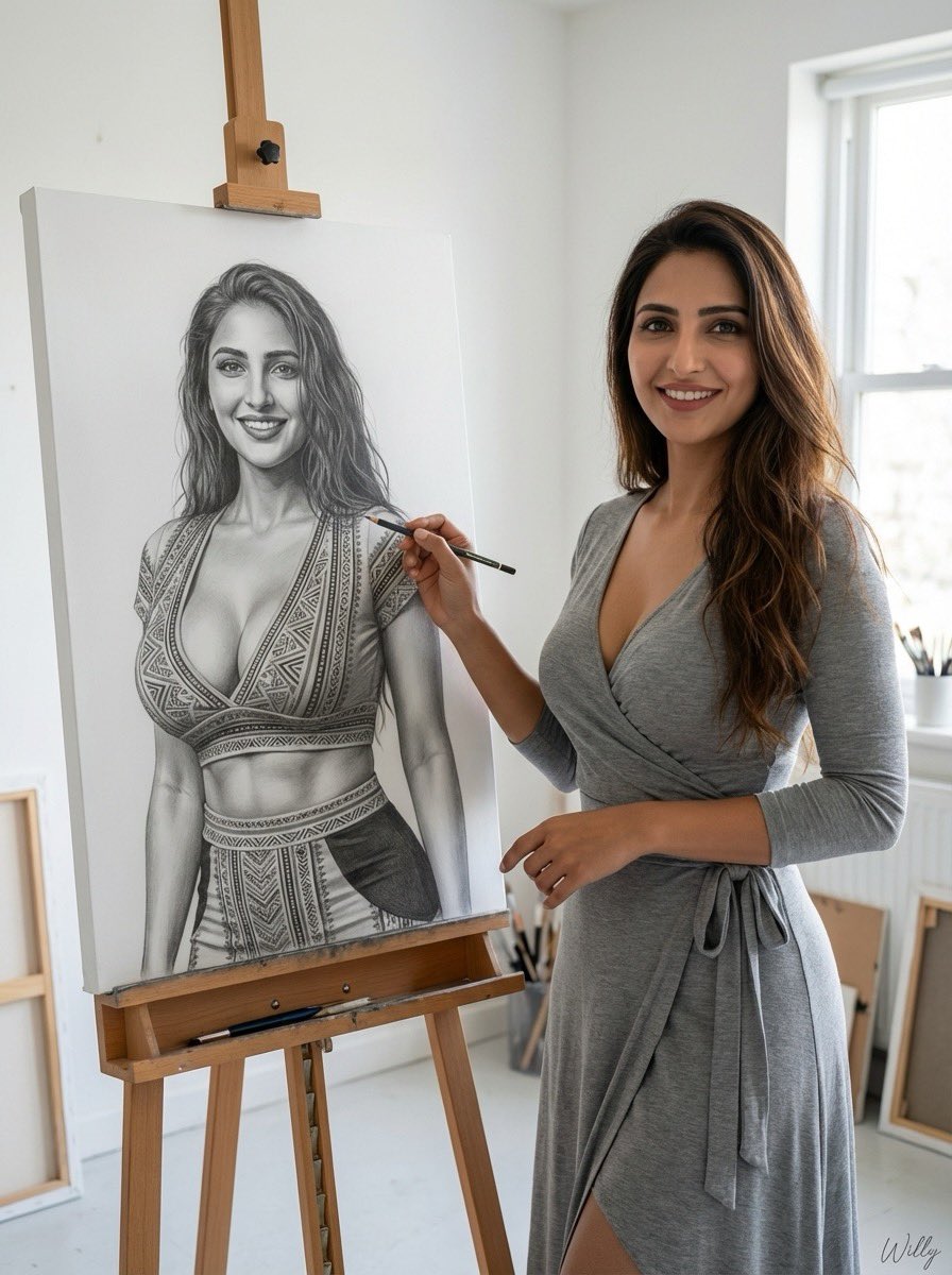 AI Prompt: Generate a Photorealistic Portrait with a Grayscale Drawing of Yourself in a Studio Setting