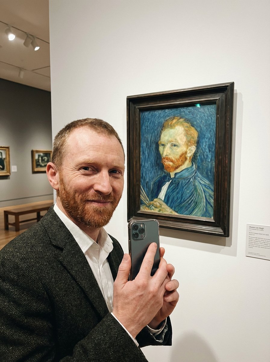 AI Prompt: Generate Realistic Van Gogh Selfie in Art Museum