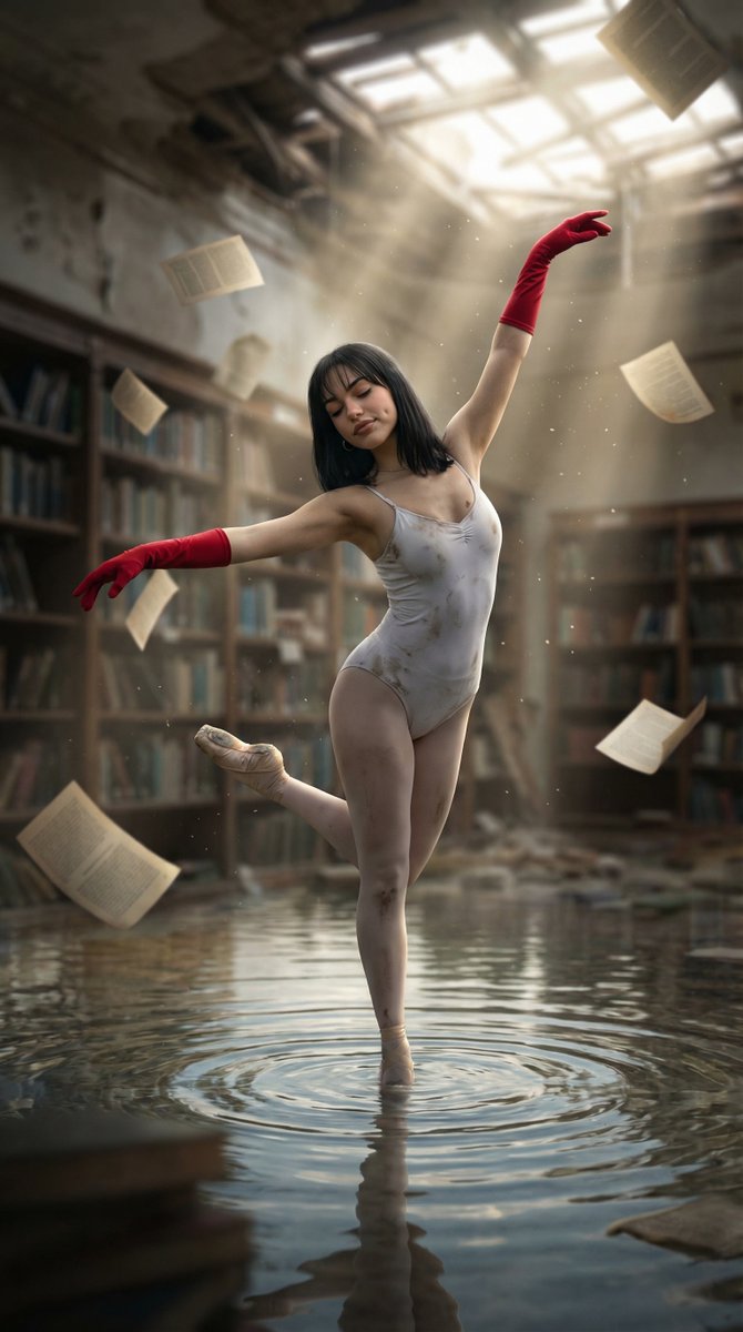AI Prompt: Haunting Ballerina in a Flooded Library - Cinematic Photography
