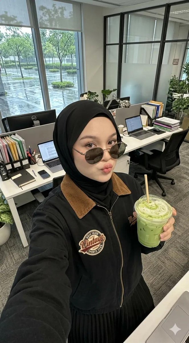 AI Prompt: High-Angle Hijab Selfie in Modern Office Setting