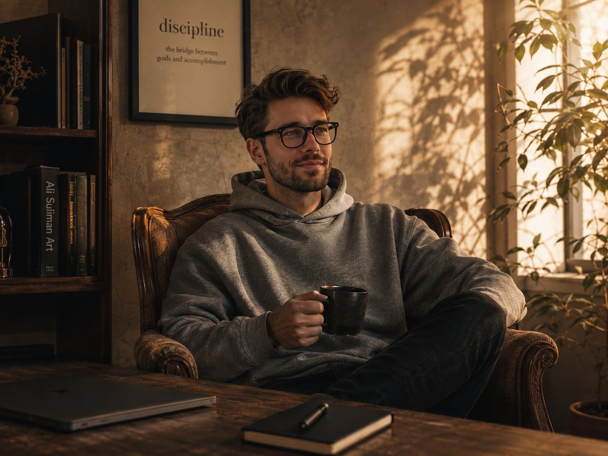 AI Prompt: Intellectual Portrait in Cozy Golden Hour Setting
