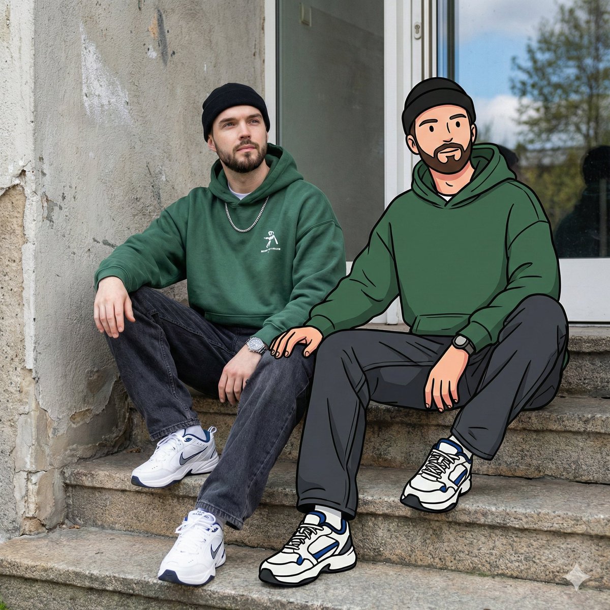 AI Prompt: Mixed Reality Portrait of Cartoon Twin with Streetwear Styling