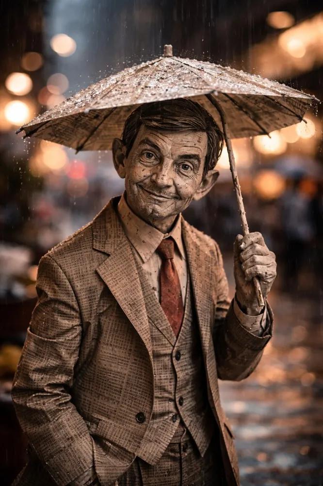 AI Prompt: Photorealistic Origami Character in Rainy Cityscape