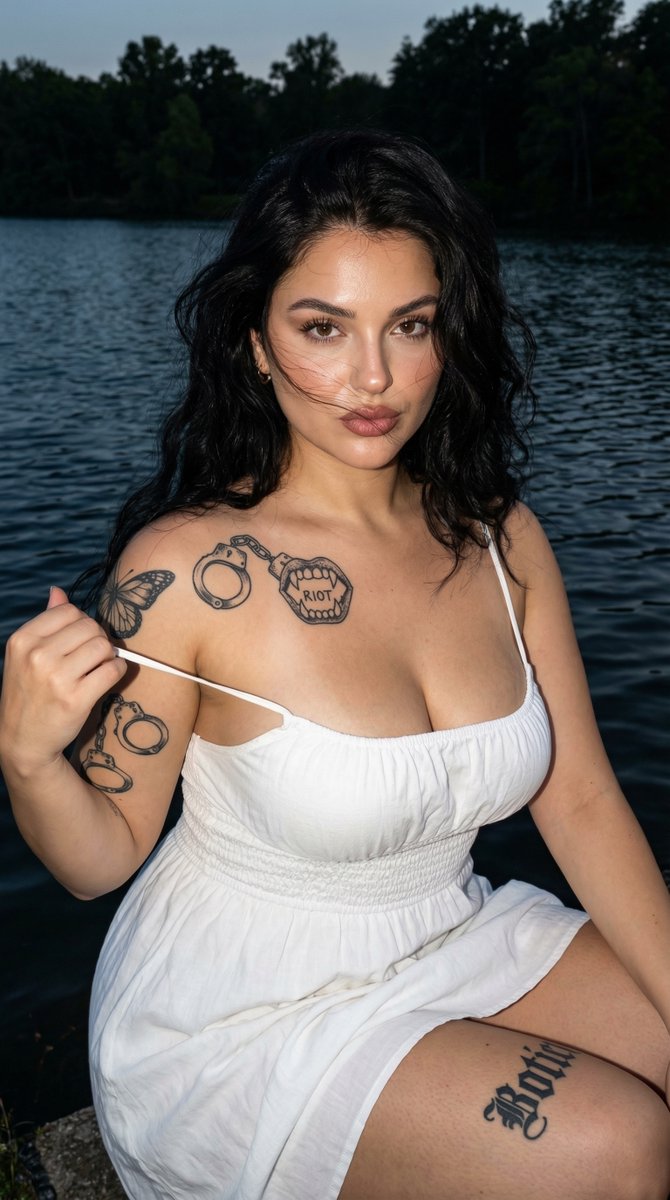 AI Prompt: Photorealistic Tattooed Woman at Lakeside for Social Media