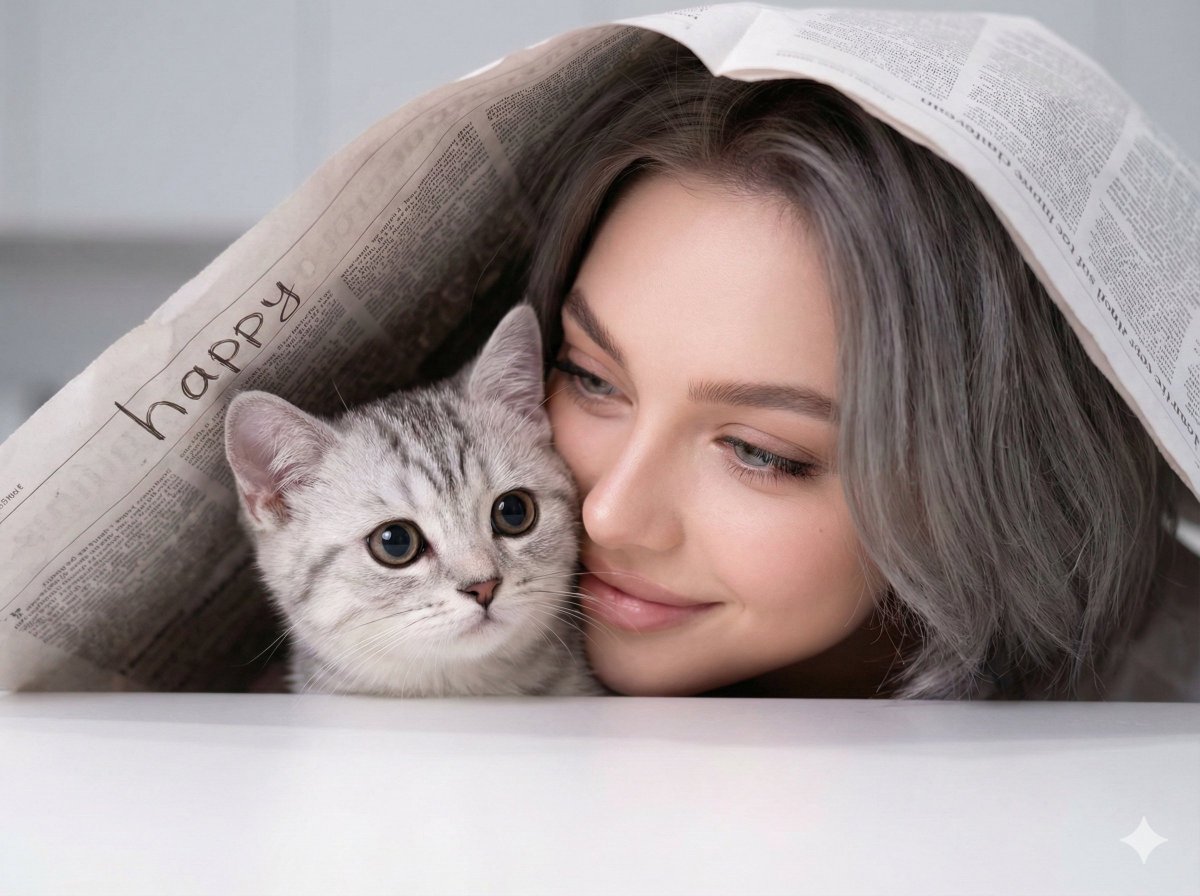 AI Prompt: Photorealistic Warm Portrait of Woman and Kitten with Happy Message