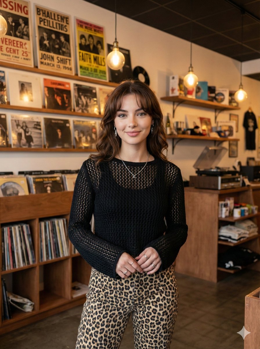 AI Prompt: Polished Portrait of a Young Woman in a Record Store