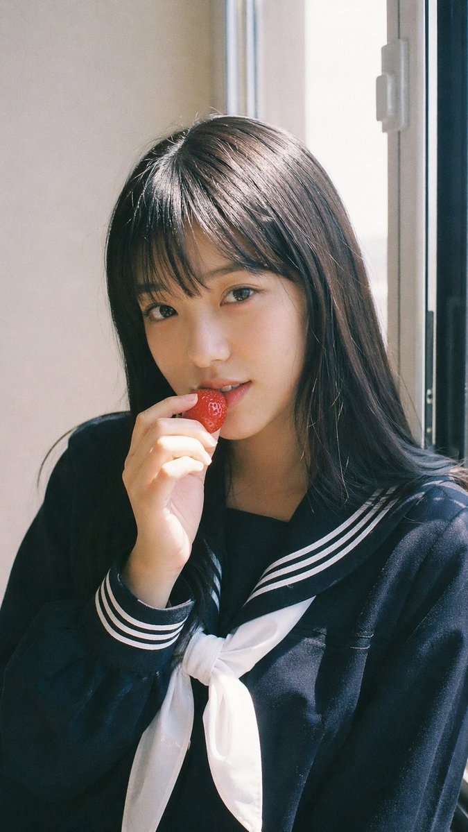 AI Prompt: Realistic Analog Film Portrait of Japanese Idol with Strawberry Stock