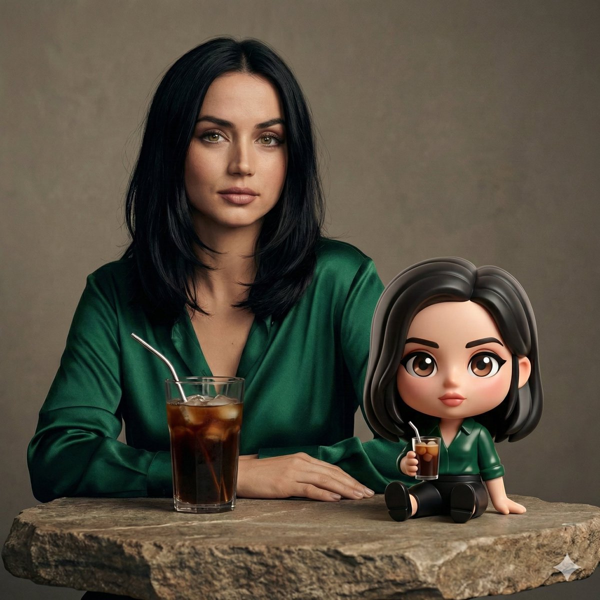 AI Prompt: Studio Portrait of Ana de Armas with Chibi Figure in Moody Cafe Setting