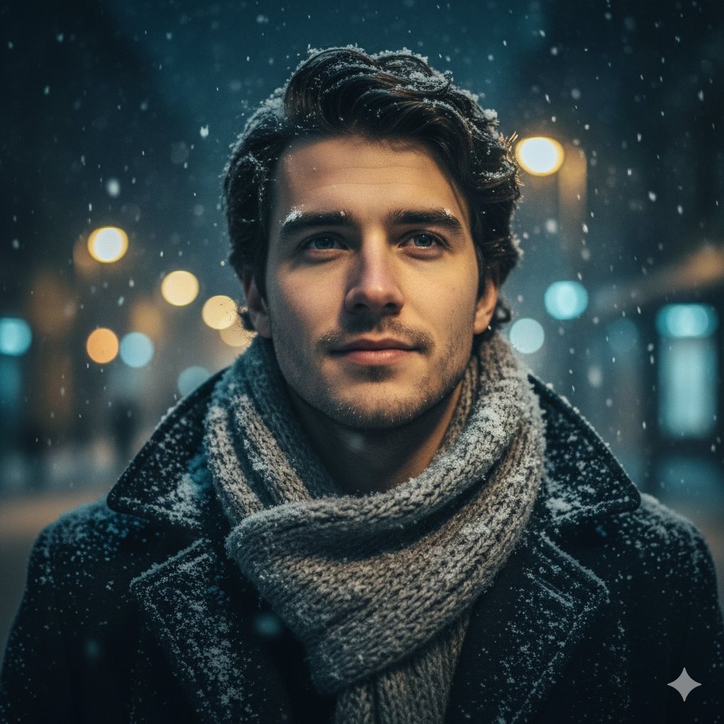 AI Prompt: Ultra-Realistic Male Portrait Winter Cityscape for Cinematic Use