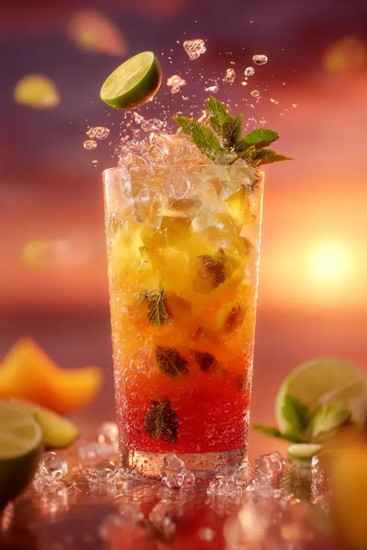 AI Prompt: Ultra-Realistic Product Shot of Orange Juice with Rotating Oranges