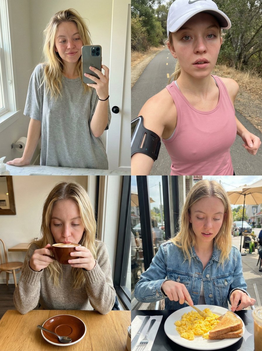 AI Prompt: Ultra-Realistic Sydney Sweeney Daily Routine 2x2 Collage