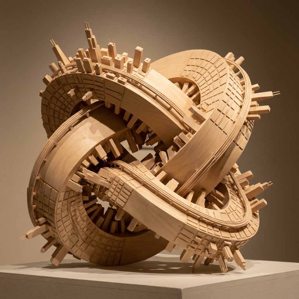 AI Prompt: Unrealistic Wooden Cityscape with Intersecting Buildings for Aesthetic Product Photography