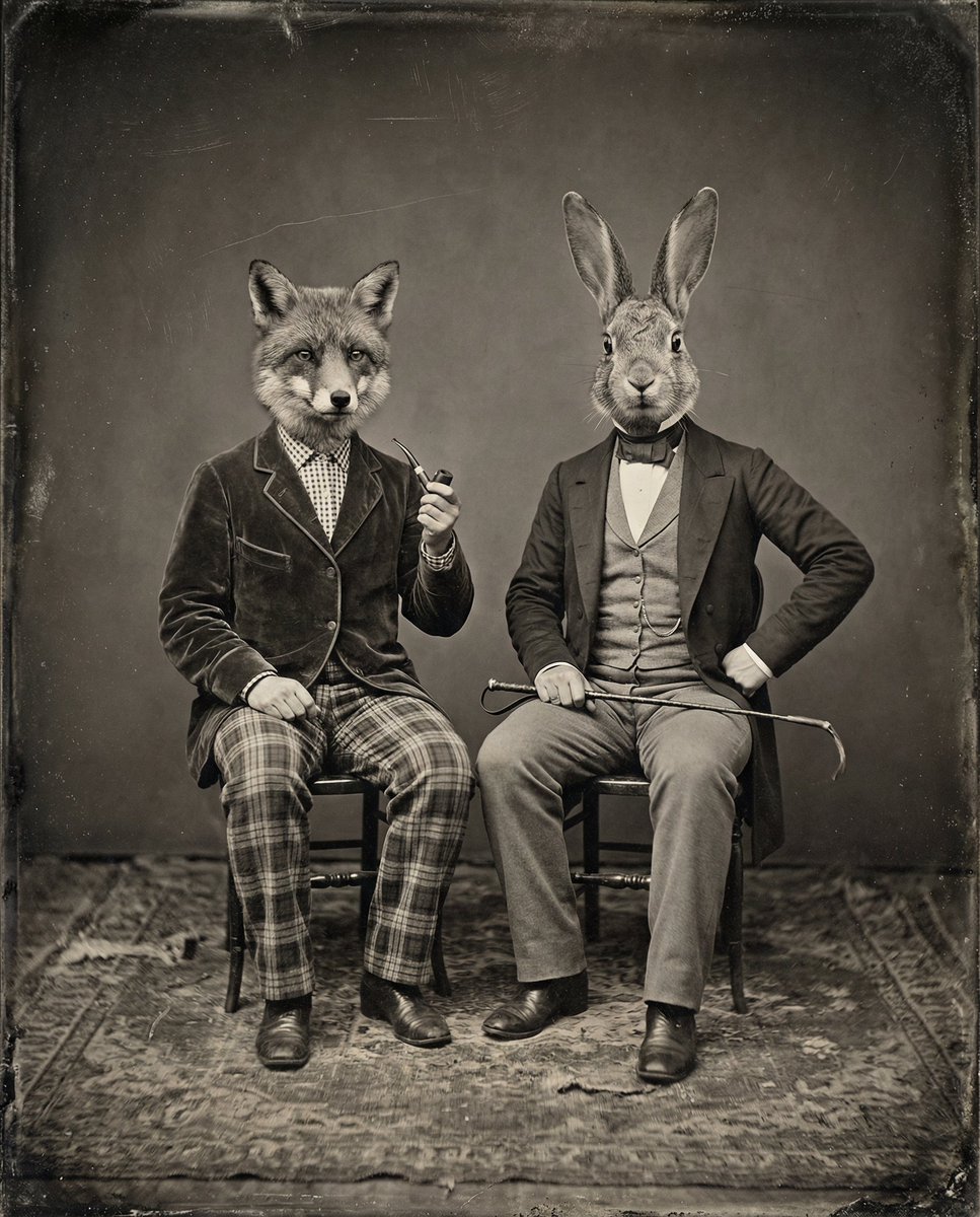 AI Prompt: Vintage Sepia-Toned Portrait with Animal Heads - AI Image Generation