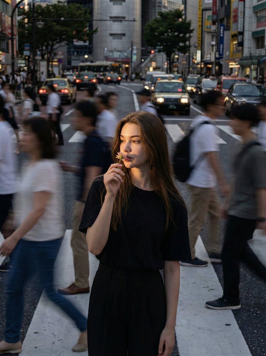 Bald Woman Smelling Flower in Blurred Urban Crosswalk