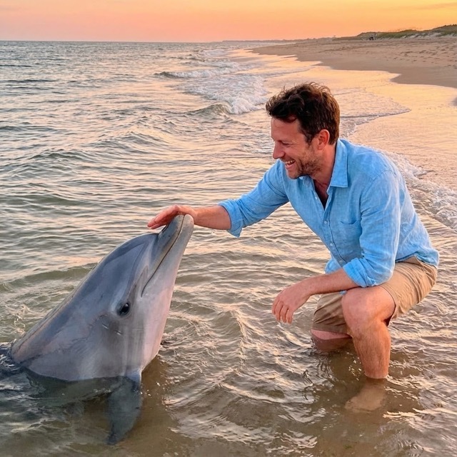 Beach Photo with Person Kneeling by Dolphin at Shore