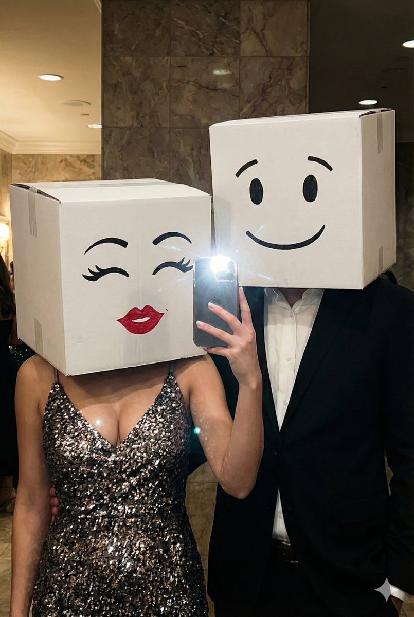 Box-Headed Couple Mirror Selfie in Sequins and Suit