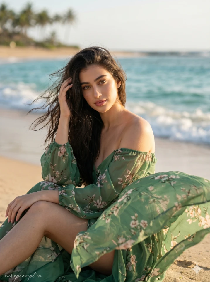 Cinematic Beach Portrait Green Floral Sheer Dress