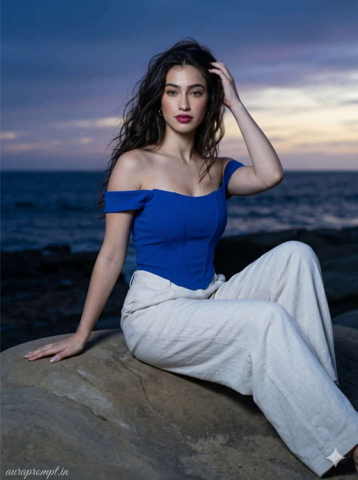 Cinematic Blue Hour Beach Portrait Prompt