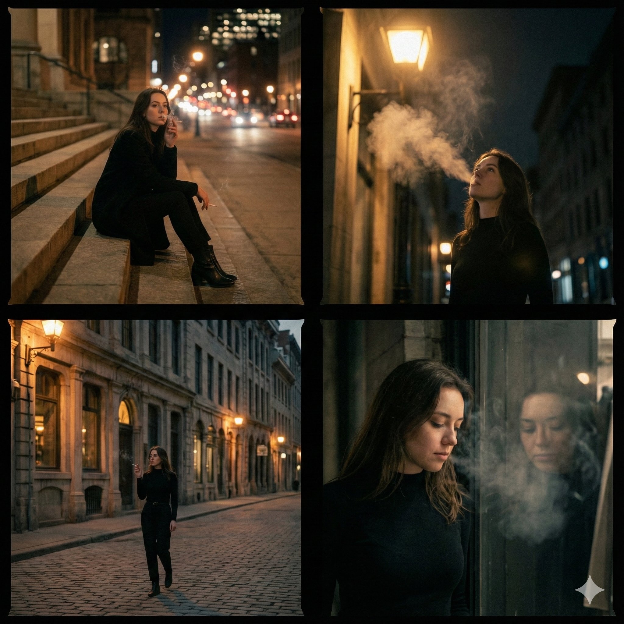 Cinematic City Walk Photo Collage with Smoking Detail