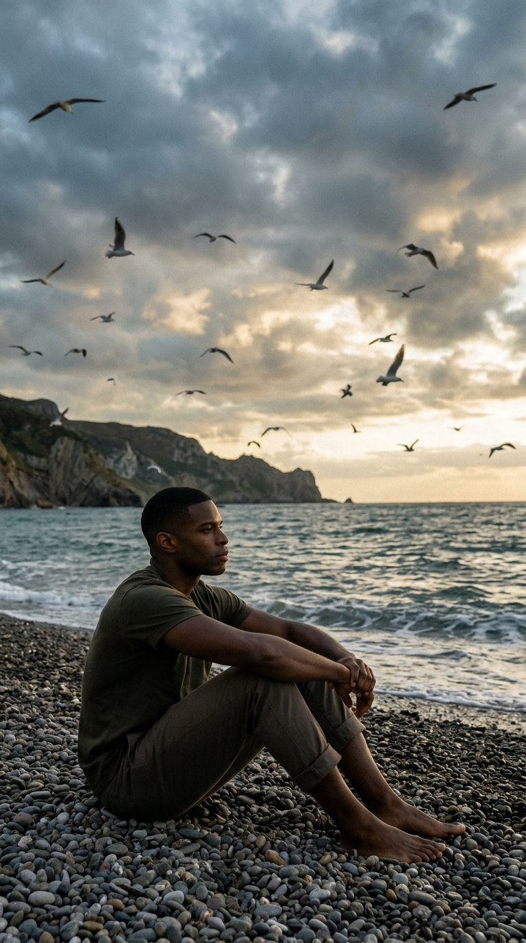 Cinematic Dusk Beach Portrait with Seagulls