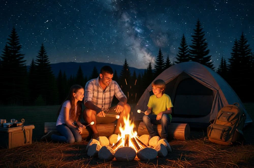 Cinematic Father's Day Camping Scene with Family