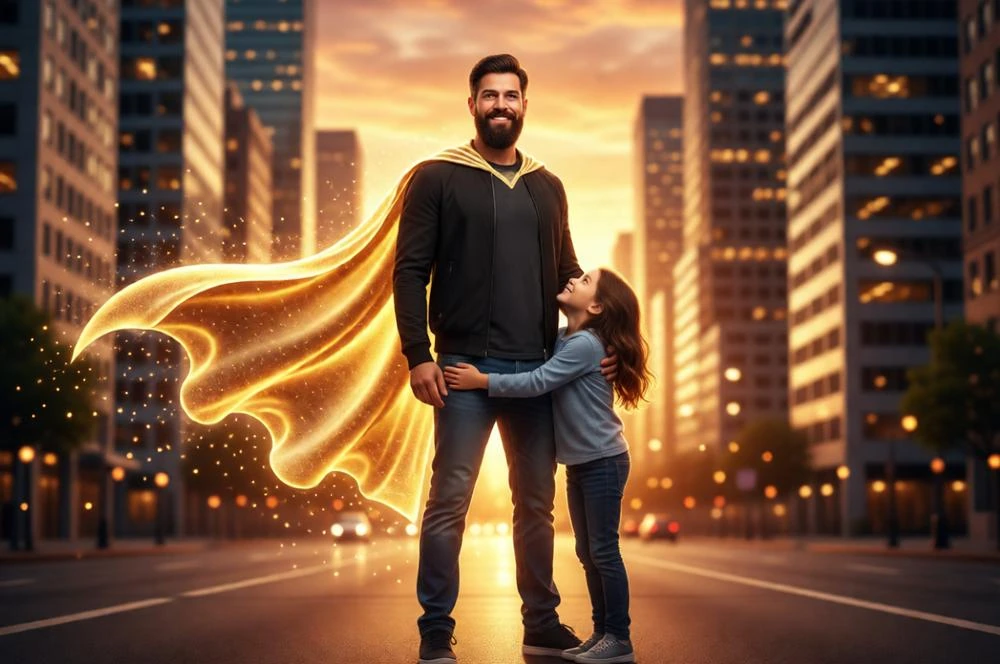 Cinematic Father's Day Portrait with Golden Cape
