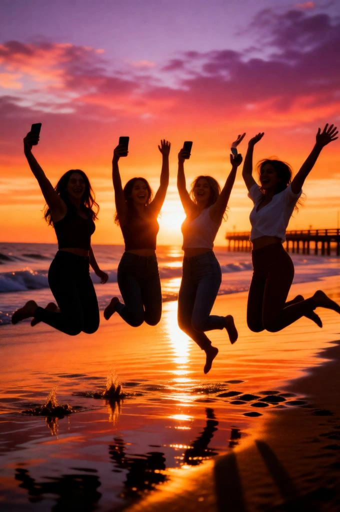 Cinematic Golden Hour Beach Friends Jumping