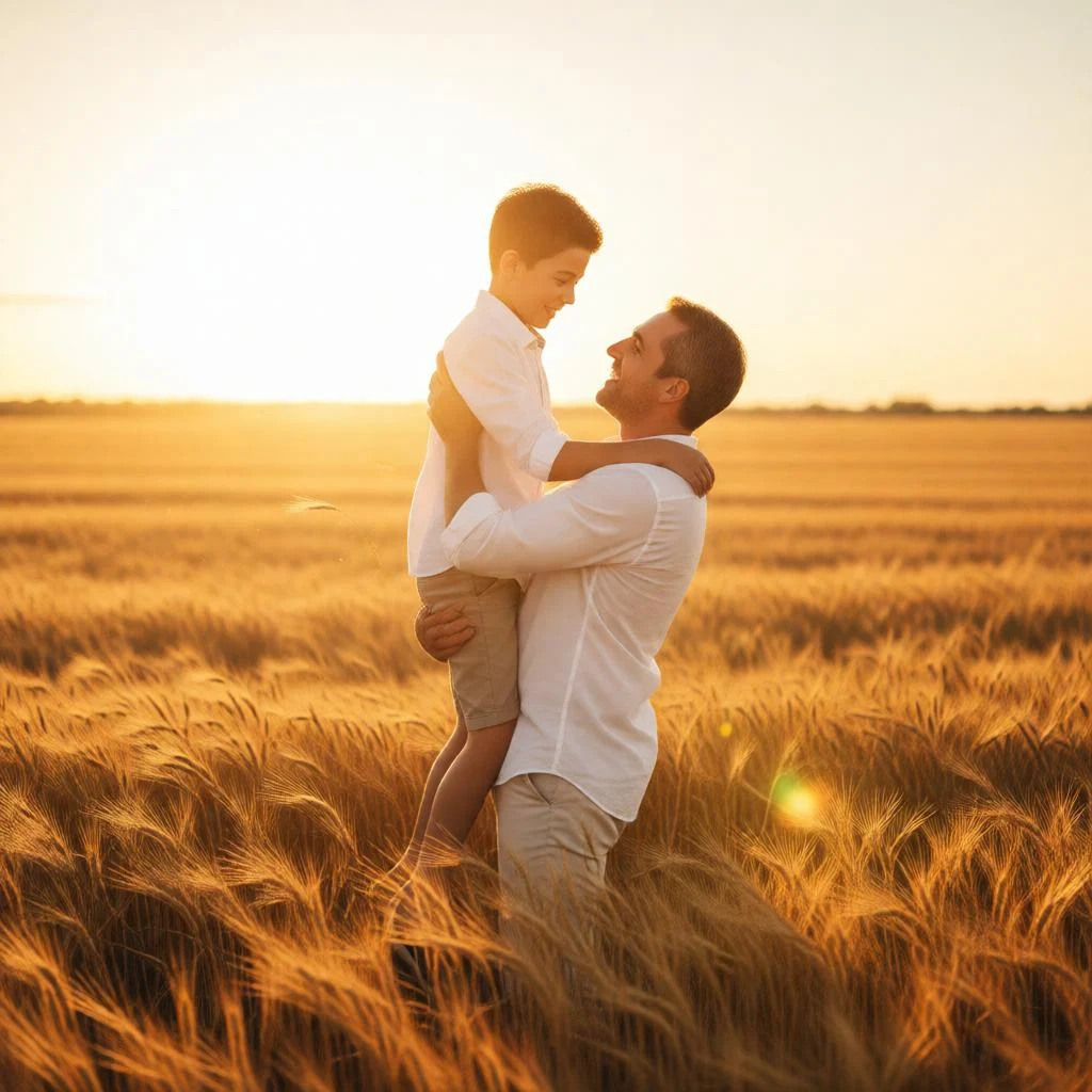 Cinematic Golden Hour Father Son Upscale in Wheat Field