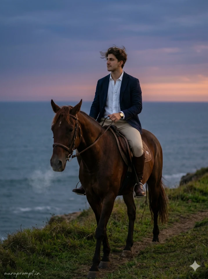 Cinematic Horseback Posing Ocean Cliff at Dusk