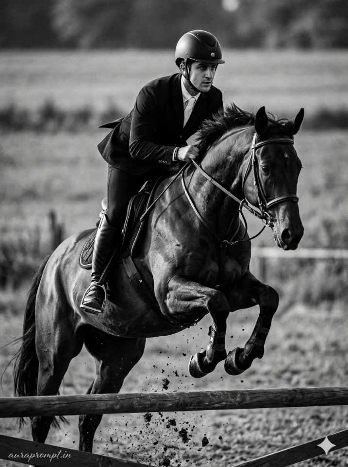 Cinematic Monochrome Equestrian Jump AI Photo Prompt