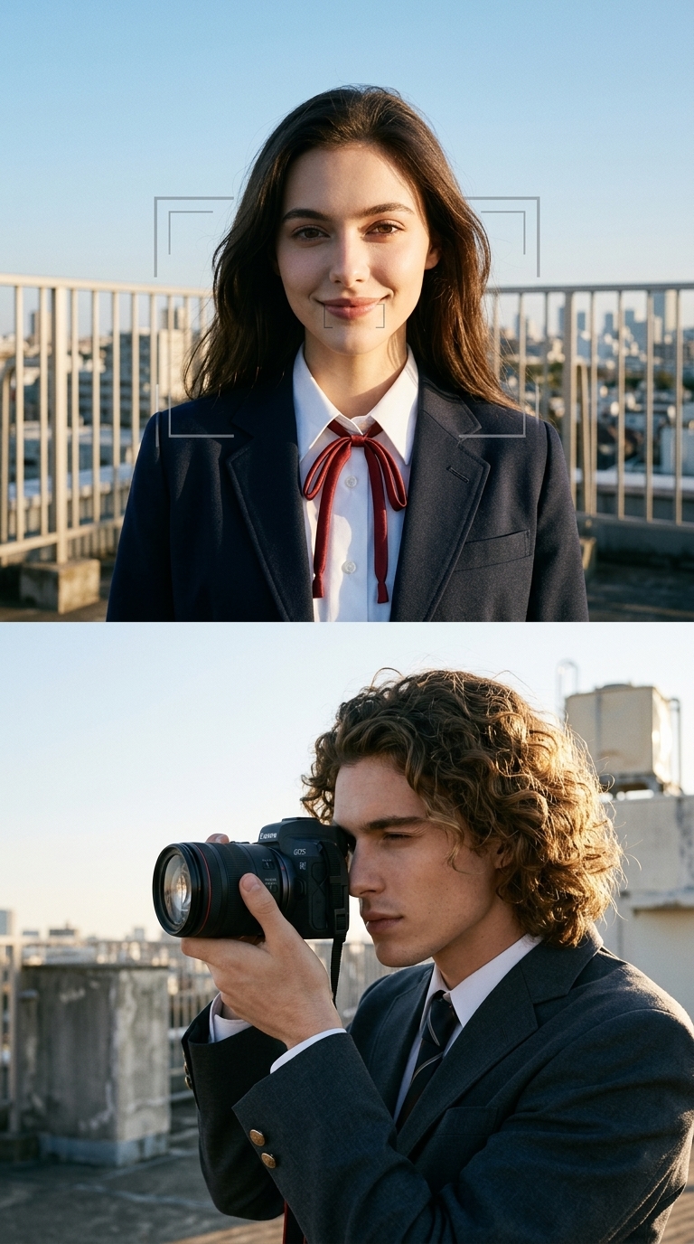 Cinematic Rooftop Diptych in Japanese School Uniforms