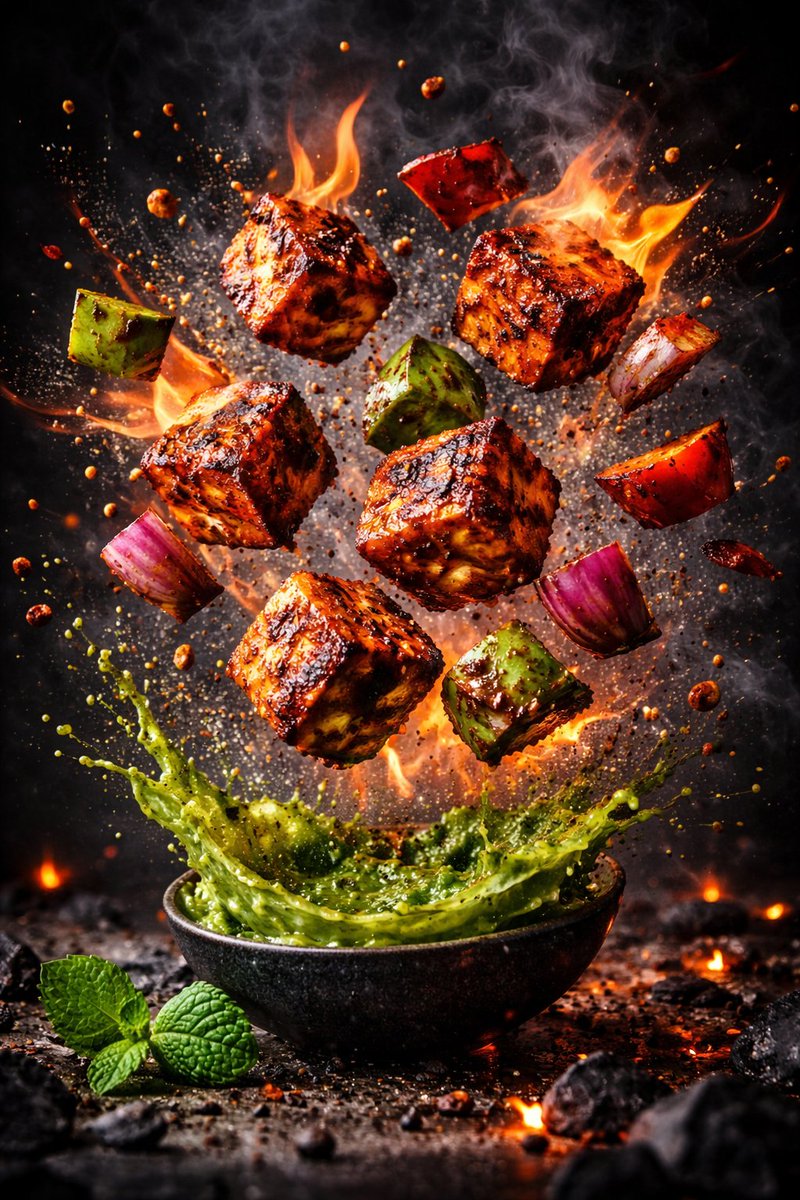 Cinematic Spicy Food Photoreal Mid-Air Shot