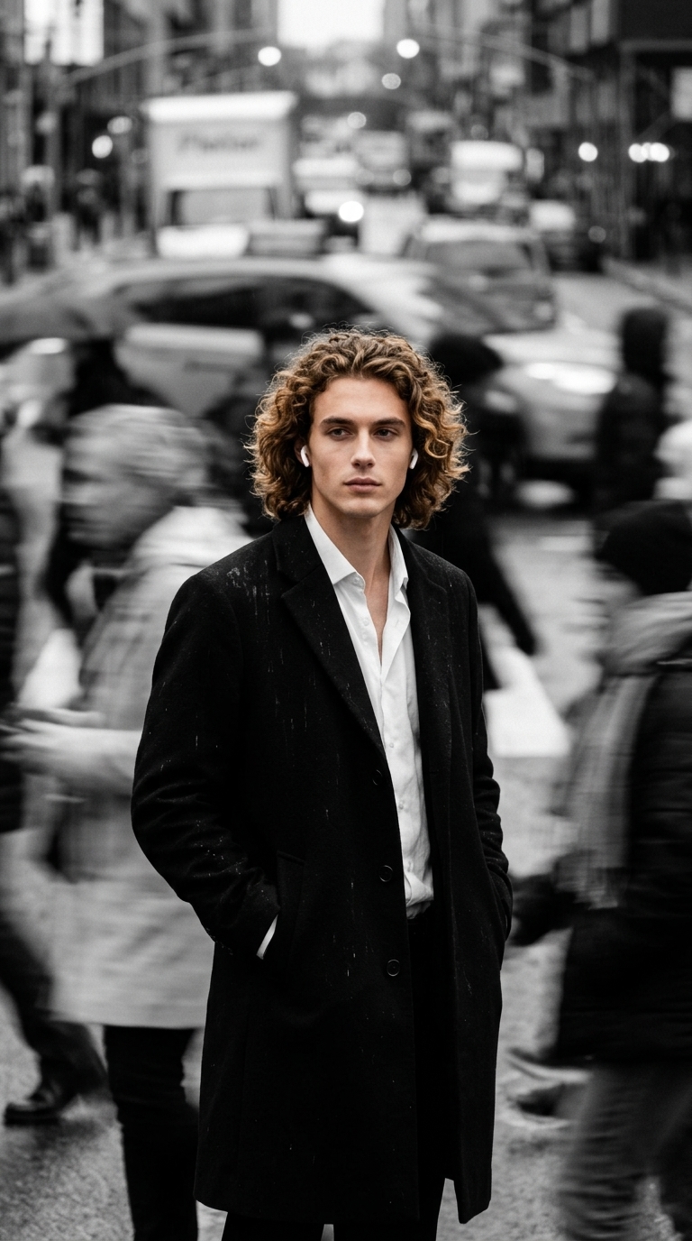 Cinematic Street Portrait: Man Lost in Moving Crowd